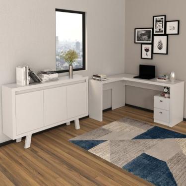 Imagem de Conjunto Home Office 2 Peças 1 Mesa Para Escritório Em L Com 1 Balcão 3 Portas Espresso Móveis Branco