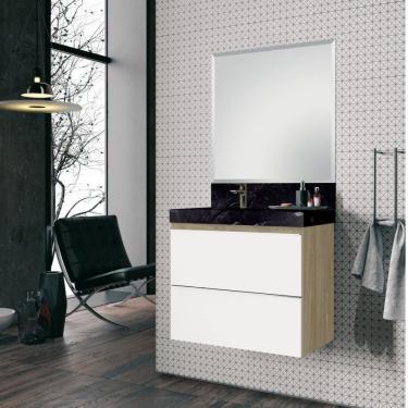 Imagem de Conjunto Para Banheiro Com Espelho, Gabinete E Lavatório Em Porcelanato Com Cuba Esculpida 80cm Bumi Wood/branco/black