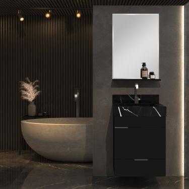 Imagem de Gabinete Para Banheiro Com Cuba Esculpida Em Porcelanato E Espelheira Club Kit 40 Bumi Preto
