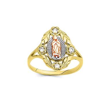 Imagem de Savlano Anel religioso feminino feminino feminino de Guadalupe com 4 cortes redondos de zircônia cúbica banhada a ouro 18K amarelo e rosa tricolor Lady of Guadalupe, Metal, Zircônia cúbica