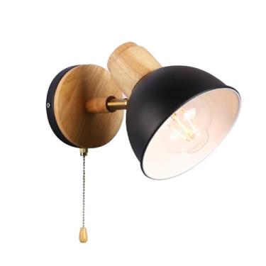 Imagem de GZZBMY Candeeiro de parede vintage com interruptor de cabo de puxar, luzes de parede ajustáveis de metal e madeira E27 Arandela industrial retrô decorativa quarto cabeceira sala de estar (não lâmpada