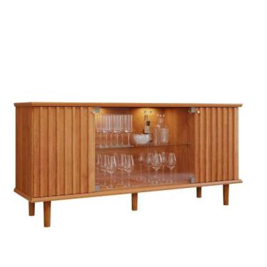 Imagem de Aparador Buffet 2 Portas Ripada e 2 Vidro Temperado Led Pés Em Madeira