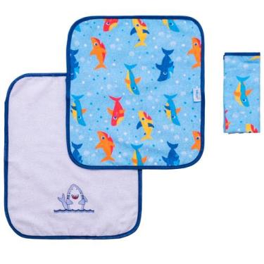 Imagem de Toalha de Boca Estampada com Bordado 3 Unidades Baby Joy, Tubarão