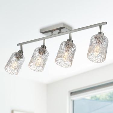 Imagem de VINLUZ Kit De Trilhos Para Iluminação Teto Com 4 Luzes Semi-Embutidas E Cabeças Giratórias Direcionais, Cúpulas Vidro Transparente, Moderna Banheiro Acabamento Em Níquel Escovado