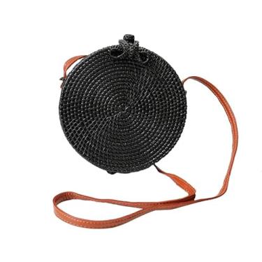 Imagem de SHAREYOIU Candy Colors Bolsas de ombro redondas de vime feitas à mão, estilo praia tropical natural chique com alça de couro, 2 # preto, Big，7.87x 3.2 inch