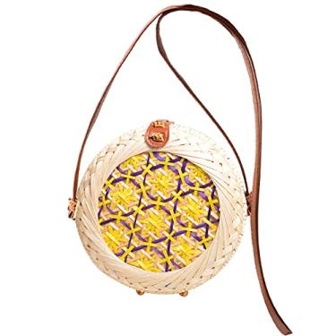 Imagem de SHAREYOIU Bolsas de ombro redondas de bambu tecidas à mão, estilo tropical de praia natural chique com alça de couro, 4 # amarelo, Big，7.87x 3.2 inch