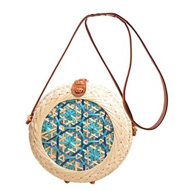 Imagem de SHAREYOIU Bolsas de ombro redondas de bambu tecidas à mão, estilo tropical de praia natural chique com alça de couro, 4 # azul, Big，7.87x 3.2 inch