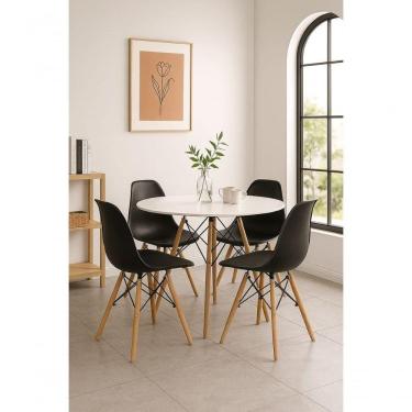 Imagem de Jogo Mesa Jantar Redonda Eiffel 90cm Branca Mdf Com 4 Cadeiras Moderna Charles Eames Pretas