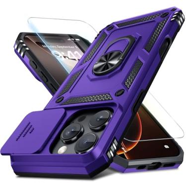 Imagem de Janmitta Capa para iPhone 16 Pro Max embutida capa de lente de câmera deslizante + protetor de tela, capa de telefone de corpo inteiro resistente à prova de choque com suporte de anel de dedo, roxo