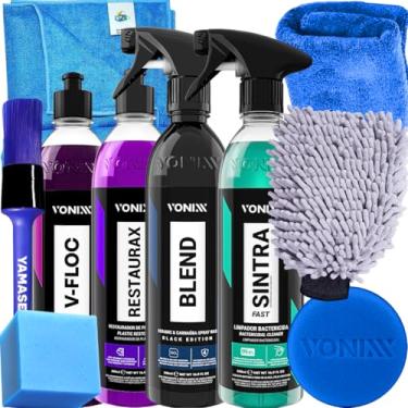 Imagem de Kit Para Lavar Carro Bike Caminhão Van Biz Onibus Moto Vonixx Blend Spray Black Cera Liquida Sintra Fast V-floc Shampoo Automotivo Restaurax Restaurador De Plasticos Externos 500ml