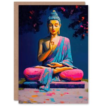 Imagem de Artery8 Cartão de felicitações estátua de Buda rosa azul budismo mindfulness em branco para ele ou sua arte cartão de aniversário