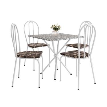 Imagem de Conjunto de Mesa Quadrada com Tampo Granito e 4 Cadeiras Léia Revestimento Sintético Branco e Palha
