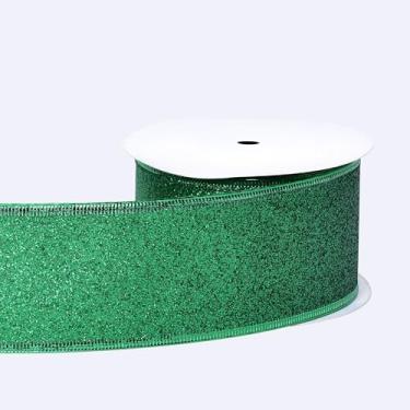 Imagem de YAMA Fita de glitter verde com fio para árvore de Natal 6,3 cm x 10 metros, fita metálica brilhante de Natal com fio para embrulho de presente, festa de casamento, laços de artesanato DIY e buquê de