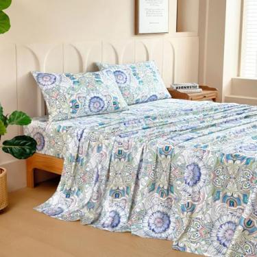 Imagem de MCO Jogo de lençol 100% algodão estampado floral, conjunto de lençóis Queen de algodão 300 fios, bolso profundo de 40,6 cm, lençóis de resfriamento respiráveis, 4 peças (Queen, paisley)