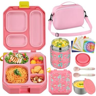 Imagem de Itslife Conjunto de lancheira Bento para crianças com lancheira térmica e de sopa de 350 ml, recipientes de comida à prova de vazamento para crianças escolares, 5 compartimentos, xícara de molho, 10