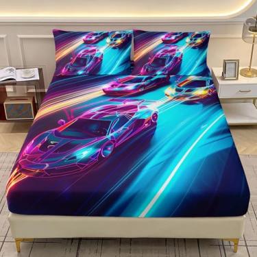 Imagem de AILONEN Jogo de lençol solteiro de carro de corrida, esportes radicais para crianças, meninos e meninas, 3 peças, 1 lençol com elástico + 2 fronhas, macio