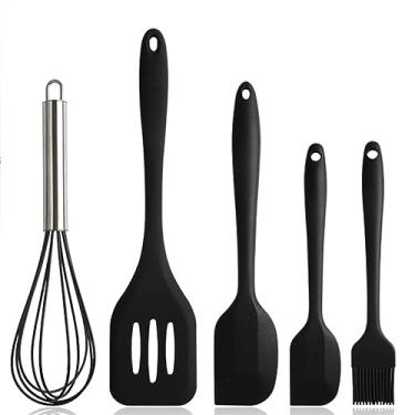 Imagem de esmen Conjunto de utensílios de cozinha de silicone para pá de bolo, espátula ranhurada resistente ao calor, preta