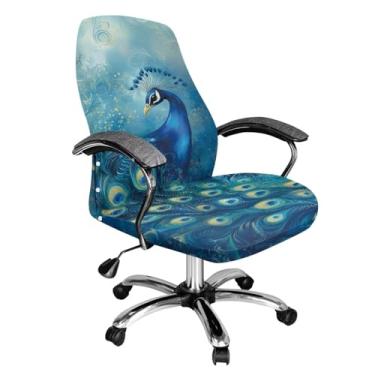 Imagem de Talayituse Capa de cadeira de escritório com estampa de pavão azul, peça única, resistente à água, tecido jacquard elástico, parte inferior elástica para cadeiras de apoio de braço, P