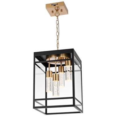 Imagem de QueeuQ Luminárias pendentes de LED para área externa para varanda, 4 luzes 5CCT grande pendurado lanterna, lâmpadas integradas de LED de latão preto, luzes pendentes modernas ao ar livre, lustre