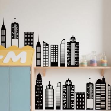 Imagem de SUPERDANT 2 folhas de adesivos de parede de paisagem urbana silhuetas de edifícios da cidade, decalques de parede para quarto de crianças, decoração de fundo de TV para quarto de menino, sala de estar