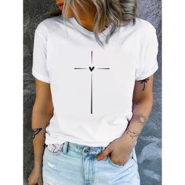 Imagem de Camiseta Feminina Cruz Coração Evangelica Gospel 100% Algodão Premium 