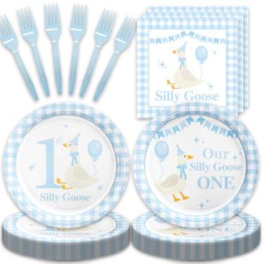 Imagem de Conjunto de 48 peças de decoração de festa de 1º aniversário de ganso silly goose conjuntos de pratos e guardanapos de papel azul suprimentos de festa para aniversários, decorações de chá de bebê, um