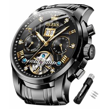Imagem de OLEVS Relógios masculinos automáticos automáticos com corda automática, turbilhão de esqueleto mecânico, luxuoso, diamante, vestido de negócios, data, para homens, à prova d'água, luminoso, Preto - 1