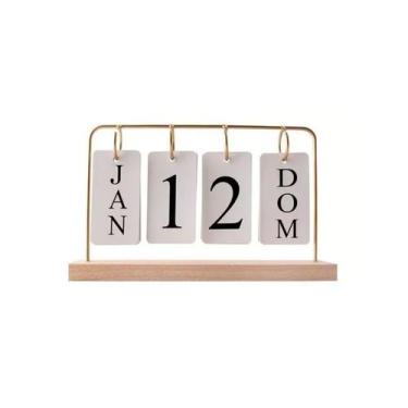 Imagem de Calendário de Mesa Decorativo Permanente Base de Madeira Aramado Doura