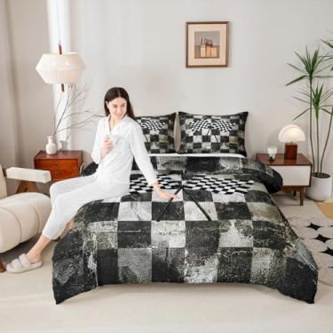Imagem de Homewish Conjunto de edredom com bandeira quadriculada para adolescentes, tamanho Queen, preto e branco, para decoração de quarto de crianças, meninos e meninas, enchimento de edredom geométrico