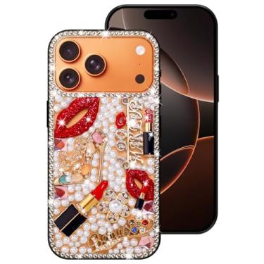 Imagem de Erolagomat Capa brilhante para iPhone 17 Pro, capa de telefone de designer de luxo brilhante com glitter brilhante diamante strass lábios batom flores pérolas salto alto, capa amortecedora macia para