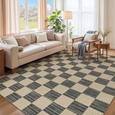 Imagem de Tapete de juta fácil 15 x 23 cm tapetes xadrez: tapete lavável antiderrapante, antiderrapante, tapete interno e externo para sala de estar, quarto, sala de jantar, quinta, pátio (1,8 x 2,5 m preto