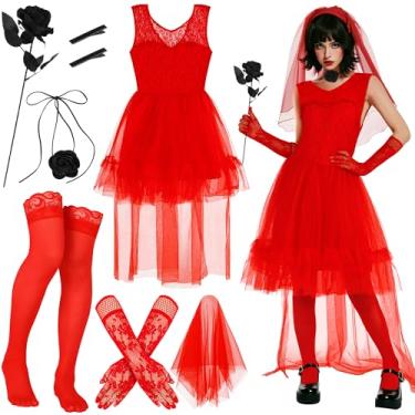 Imagem de RUODON Fantasia feminina vermelha de noiva vermelha com véu de renda, acessórios rosas, fantasma gótico, noiva, cosplay para Halloween