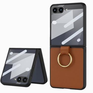 Imagem de Capa Case Premium De Couro Compatível Samsung Galaxy Z Flip 7 2025 Com Anel Suporte (MARROM)