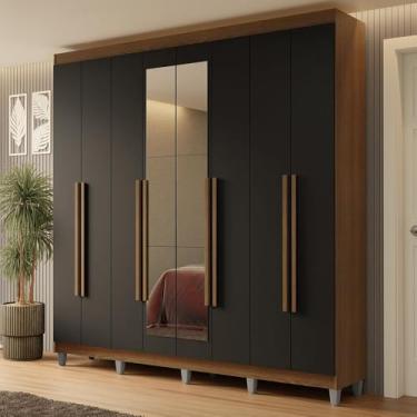 Imagem de Guarda-roupa Casal com Pés 8 Portas Batentes com Espelho Rustic/preto/rustic Netuno Madesa