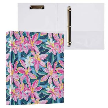 Imagem de Fichário de 3 anéis de flores de lírio rosa, folhas verdes, fichário decorativo de 3,8 cm, com prancheta e 3 bolsos transparentes, comporta 200 folhas de papel tamanho A4, fichários à prova d'água
