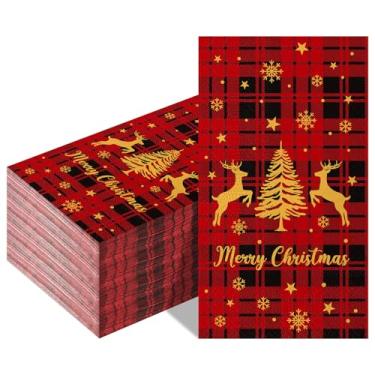 Imagem de Gueevin 100 guardanapos de papel xadrez de búfalo vermelho Feliz Natal guardanapos de coquetel descartáveis toalha de hóspede árvore de Natal guardanapo de alce para decoração de Natal cozinha mesa