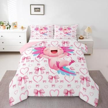 Imagem de Erosebridal Conjunto de edredom de axolote com laço para meninas, colorido, fofo, tamanho solteiro, fita sonhadora, laço, edredom para adolescentes e mulheres, decoração de quarto kawaii, estética