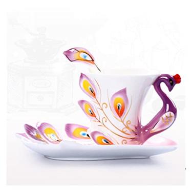 Imagem de GRFIT Caneca Criativa 3D Feita à Mão Porcelana Esmaltada Pavão Conjunto de Xícara de Café com Pires e Colher Copo de Água de Cerâmica Presentes Novidade (230ml) Caneca de Café (Cor: Roxo, Tamanho