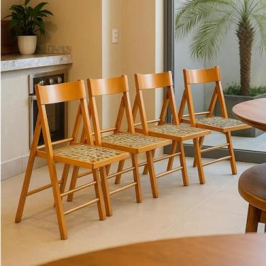 Imagem de Kit com 4 Cadeiras Dobráveis em Madeira com assento em Corda Náutica 1