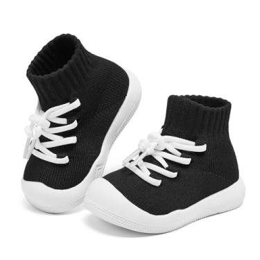 Imagem de Fahrerliebe Meias antiderrapantes para bebês meninos meninas tênis macio sem cadarço proteção biqueira infantil chinelos leves respiráveis primeiro caminhada, 0901-preto, 8.5 Toddler