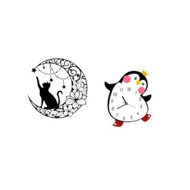 Imagem de Fenteer Gato E Pinguim Iluminados Pela Lua, Escultura Artística em Metal Preto com Relógio de Madeira para Decoração de Parede de Quarto E Presente Multifunci