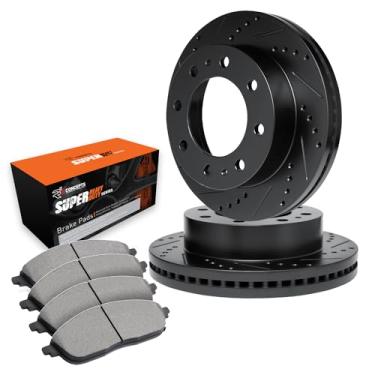 Imagem de R1 Concepts Rotores de freio dianteiros da série eLine perfurados e ranhurados pretos com ótimas pastilhas OEp compatíveis com Ford F-250 2010-2012, Super Duty F-350