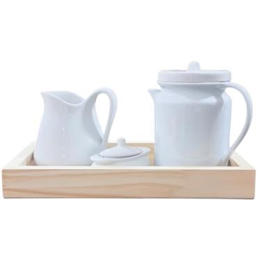 Imagem de Jogo Café e Chá, Bandeja + Bule Cafeteira 1,1L + Jarra Leiteira 740ml + Açucareiro barquinha 100ml - Porcelana Branca