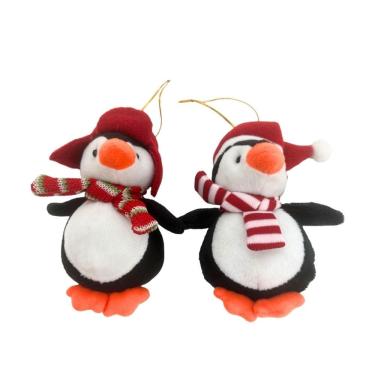 Imagem de Jogo 2 Pinguins Pelúcia Decorativos Natal com Gorrinho e Cachecol 12cm x 8cm Preto Bran...