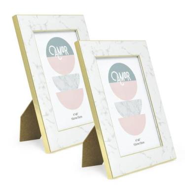 Imagem de Kit 2 Porta Retrato Dourado/Mármore Branco 10X15 - Livon