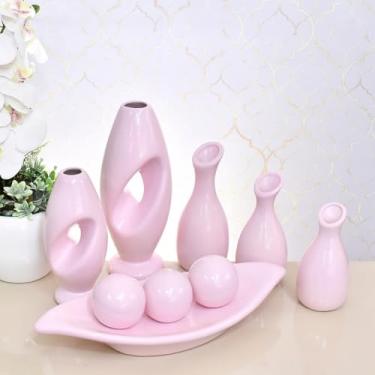 Imagem de Kit 9 Jarros Decorados Trio Vaso Ceramica Enfeite Centro Mesa Sala Enfeite Casa Rack Aparador Nicho Jarros Decorativos Para Sala(ROSA LISO 9PÇS)