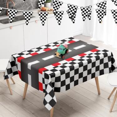 Imagem de 1 toalha de mesa com tema de carro de corrida, preto e branco, retangular quadriculada, pista de corrida, material de festa, decoração de aniversário, decoração de aniversário, decoração de