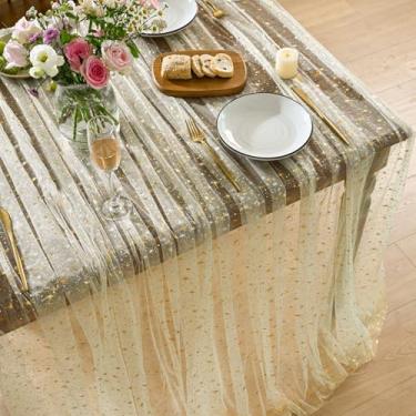 Imagem de Horaldaily Toalha de mesa retangular de gaze estrela cintilante dourada bege 132 × 170 cm, folha metálica com glitter de estrela dourada, gaze de tule de chiffon transparente para festa de casamento e