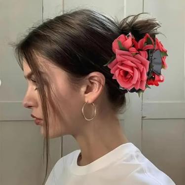 Imagem de 1 grampo de garra de flor rosa, grampo de cabelo rosa grande com aderência antiderrapante, grampo de cabelo de flores desabrochando para festa de casamento - vermelho