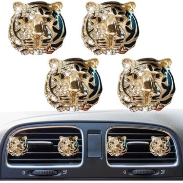 Imagem de 4 peças de clipes de ventilação de cabeça de tigre brilhantes, purificadores de ar de carro de cristal, clipes de ventilação difusores, decoração de strass, decoração de interiores de carro